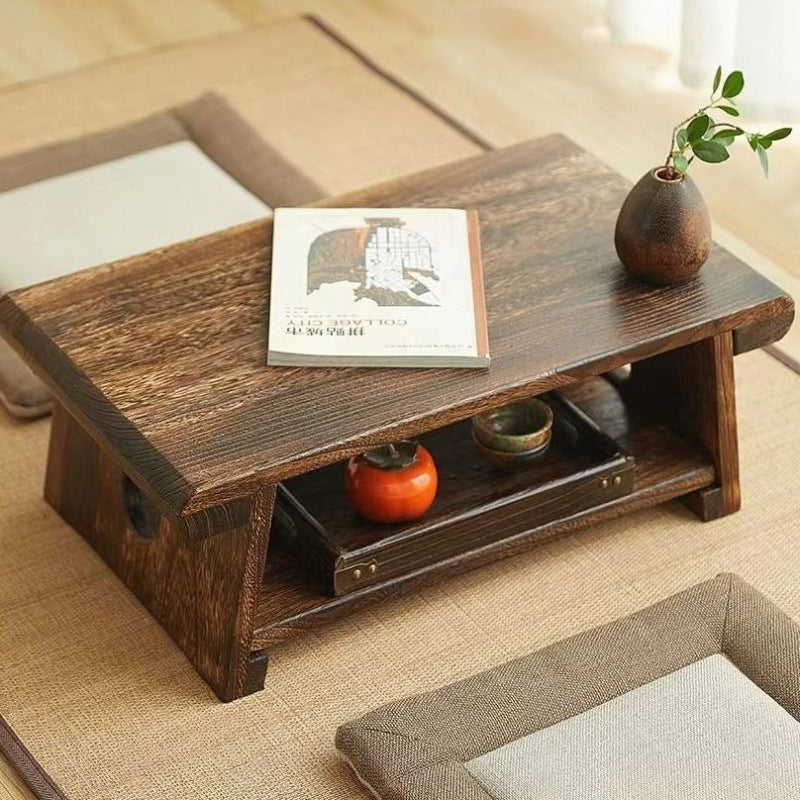Traditioneller japanischer rechteckiger Couchtisch aus massivem Holz mit 1 Regal für das Wohnzimmer 