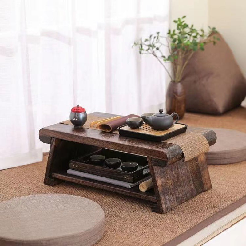 Traditioneller japanischer rechteckiger Couchtisch aus massivem Holz mit 1 Regal für das Wohnzimmer 