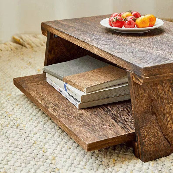 Traditioneller japanischer rechteckiger Couchtisch aus massivem Holz mit 1 Regal für das Wohnzimmer 