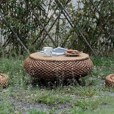 Traditional Japanese Round Rattan Solid Wood Coffee Table 1-Storage For Living Room
