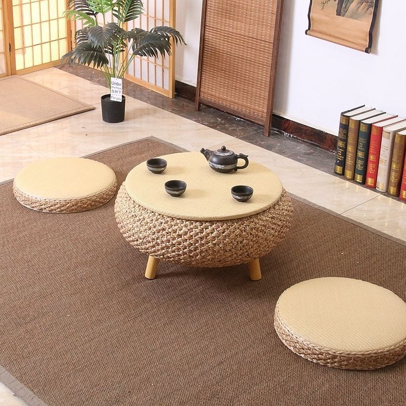 Traditional Japanese Round Rattan Solid Wood Coffee Table 1-Storage For Living Room