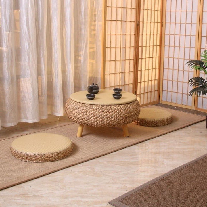 Traditional Japanese Round Daffodil Rattan Solid Wood Coffee Table 1-Storage For Living Room