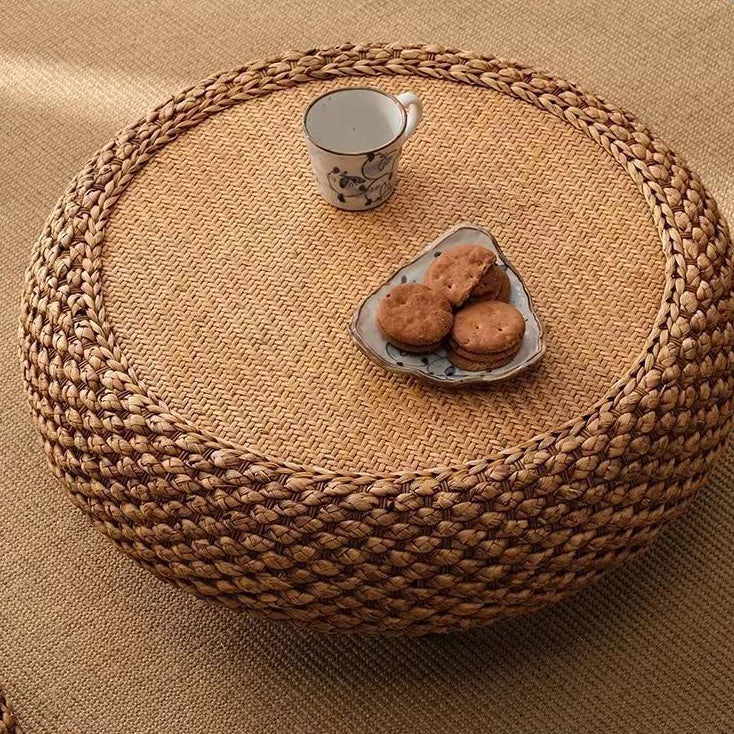 Traditional Japanese Round Rattan Solid Wood Coffee Table 1-Storage For Living Room