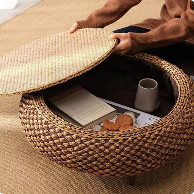 Traditional Japanese Round Rattan Solid Wood Coffee Table 1-Storage For Living Room