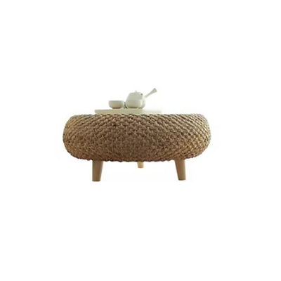 Traditional Japanese Round Rattan Solid Wood Coffee Table 1-Storage For Living Room