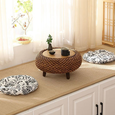 Traditional Japanese Round Rattan Solid Wood Coffee Table 1-Storage For Living Room