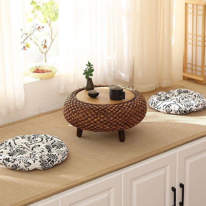 Traditional Japanese Round Rattan Solid Wood Coffee Table 1-Storage For Living Room