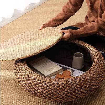 Traditional Japanese Round Rattan Solid Wood Coffee Table 1-Storage For Living Room