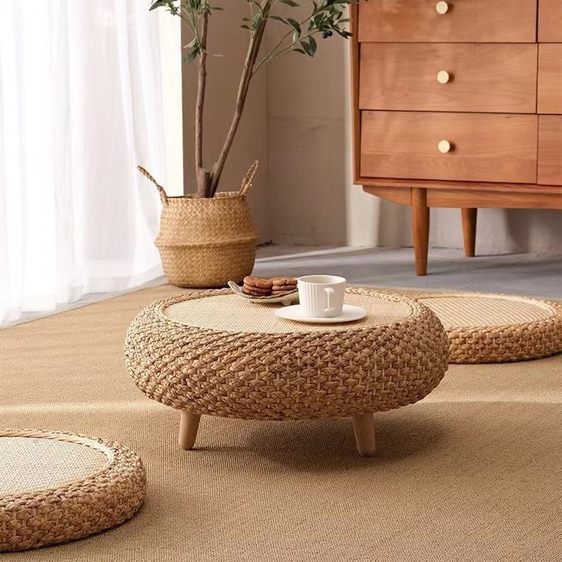 Traditional Japanese Round Rattan Solid Wood Coffee Table 1-Storage For Living Room