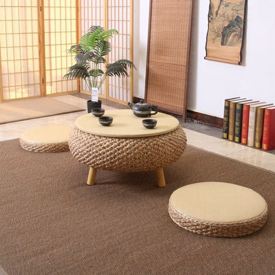 Traditional Japanese Round Rattan Solid Wood Coffee Table 1-Storage For Living Room