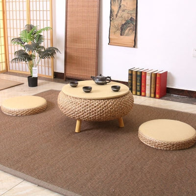 Traditional Japanese Round Rattan Solid Wood Coffee Table 1-Storage For Living Room