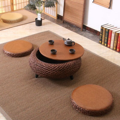 Traditional Japanese Round Rattan Solid Wood Coffee Table 1-Storage For Living Room