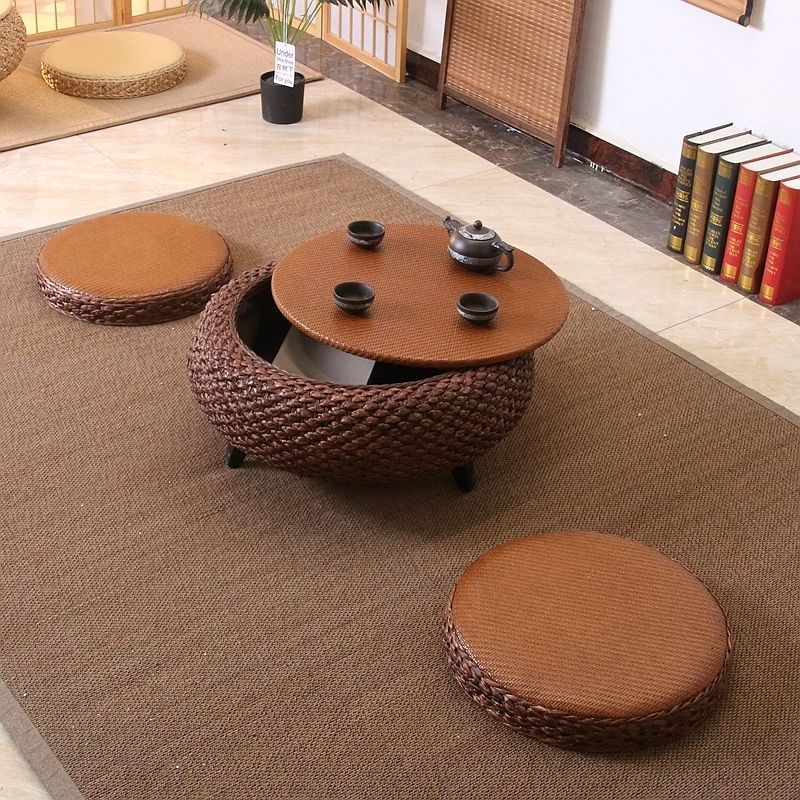 Traditional Japanese Round Rattan Solid Wood Coffee Table 1-Storage For Living Room