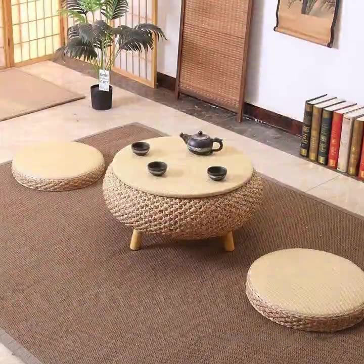 Traditional Japanese Round Daffodil Rattan Solid Wood Coffee Table 1-Storage For Living Room