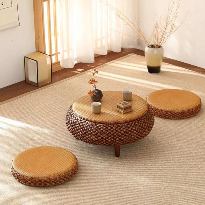 Traditional Japanese Round Daffodil Rattan Solid Wood Coffee Table 1-Storage For Living Room