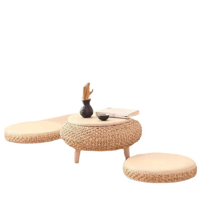 Traditional Japanese Round Rattan Solid Wood Coffee Table 1-Storage For Living Room