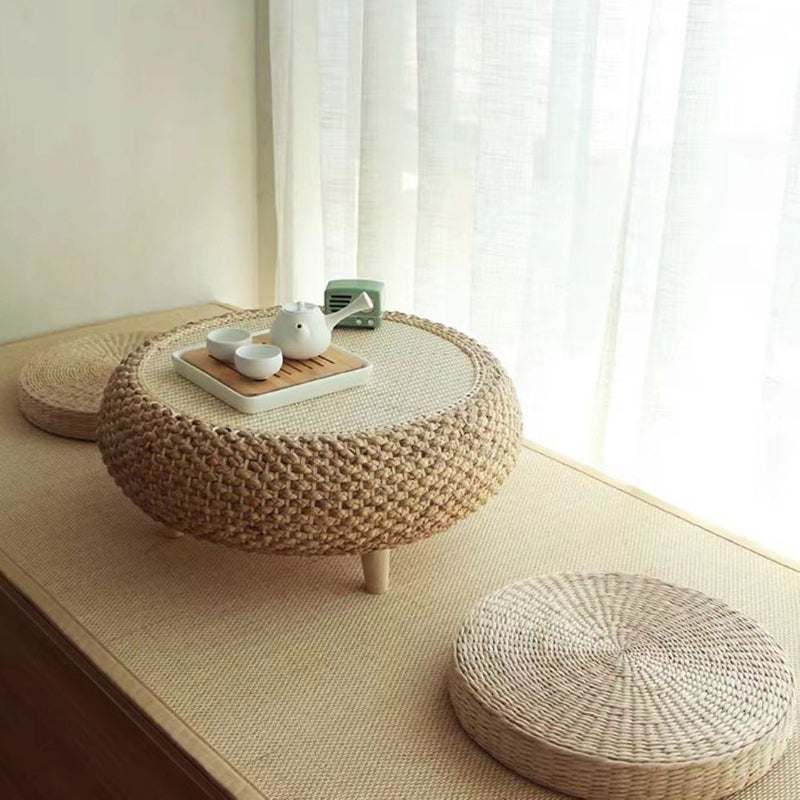 Traditional Japanese Round Rattan Solid Wood Coffee Table 1-Storage For Living Room