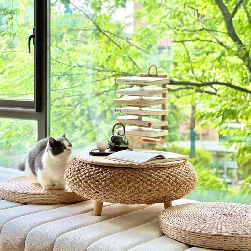 Traditional Japanese Round Rattan Solid Wood Coffee Table 1-Storage For Living Room