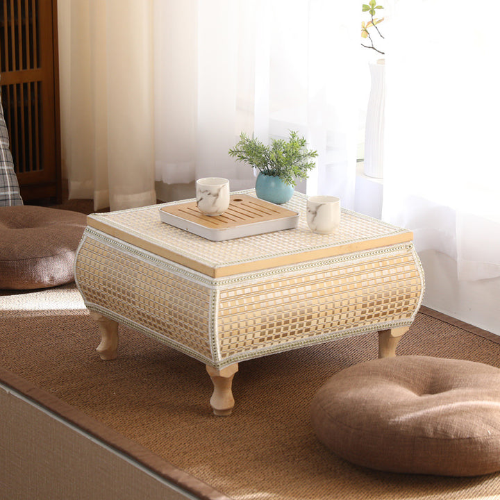 Traditioneller japanischer quadratischer Couchtisch aus Bambus, MDF und Pappelholz mit 1 Ablagefach für das Wohnzimmer 