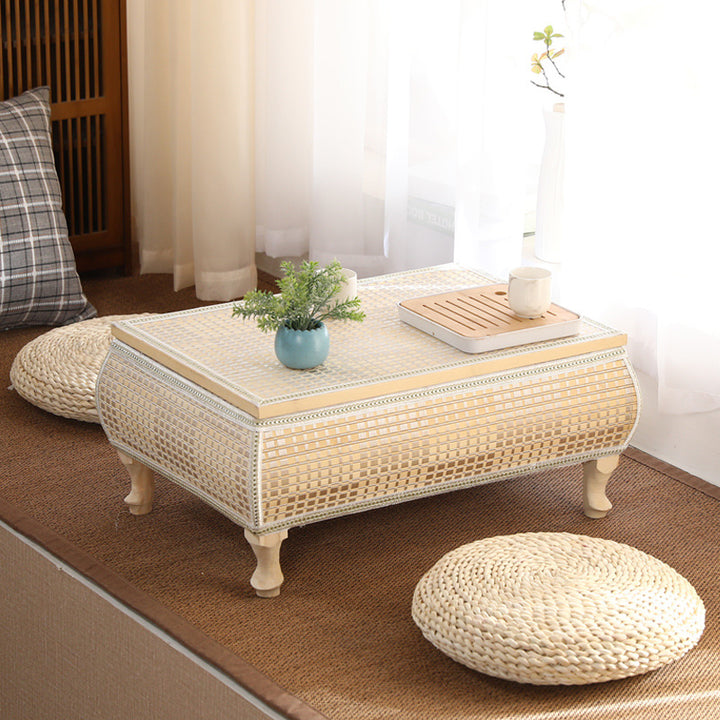 Traditional Japanese Square Bamboo MDF Poplar Wood Coffee Table 1-Storage For Living Room