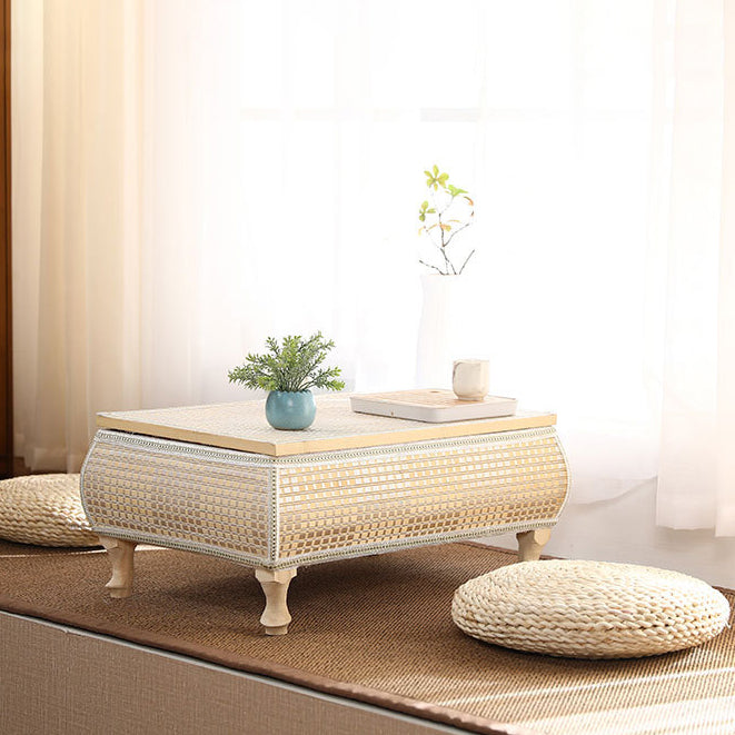 Traditional Japanese Square Bamboo MDF Poplar Wood Coffee Table 1-Storage For Living Room