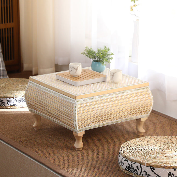 Traditioneller japanischer quadratischer Couchtisch aus Bambus, MDF und Pappelholz mit 1 Ablagefach für das Wohnzimmer 