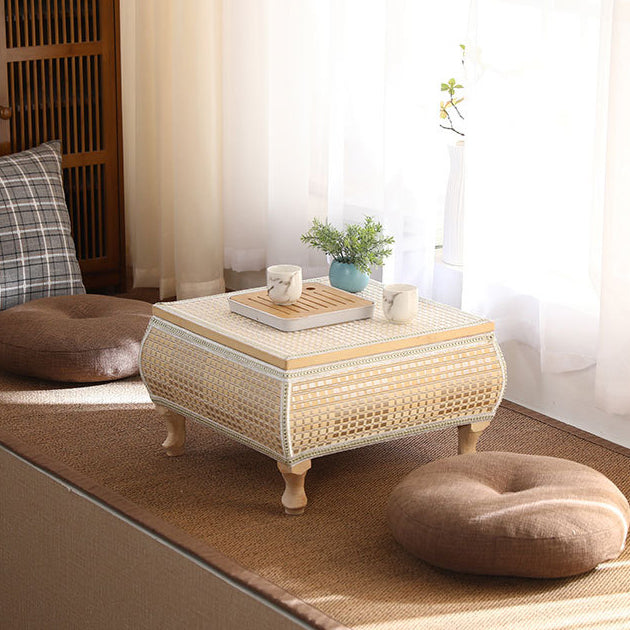 Traditional Japanese Square Bamboo MDF Poplar Wood Coffee Table 1-Storage For Living Room