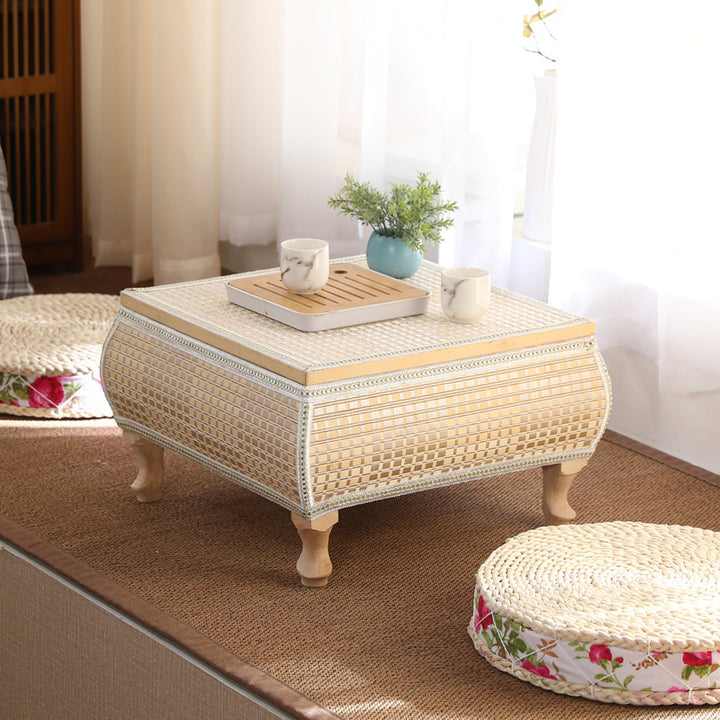 Traditioneller japanischer quadratischer Couchtisch aus Bambus, MDF und Pappelholz mit 1 Ablagefach für das Wohnzimmer 
