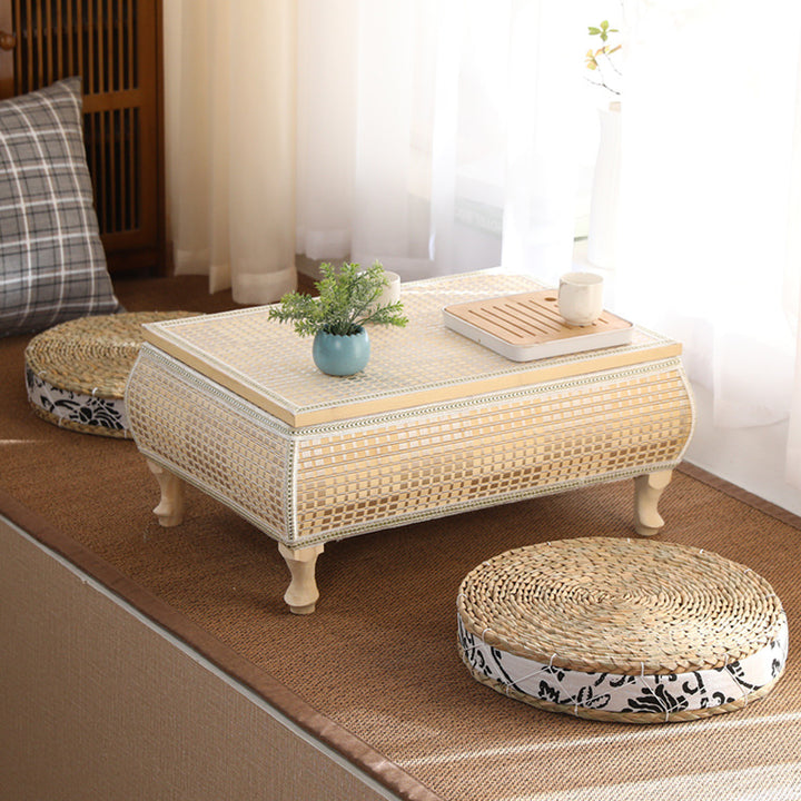 Traditional Japanese Square Bamboo MDF Poplar Wood Coffee Table 1-Storage For Living Room