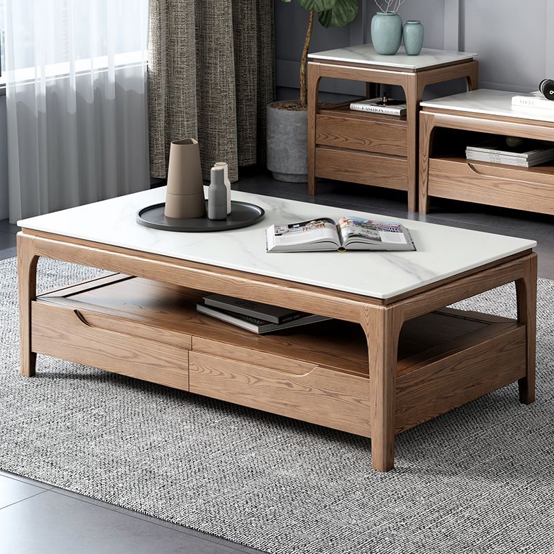 Mesa de café rectangular de madera de fresno tradicional china con pizarra y 1 estante para sala de estar 