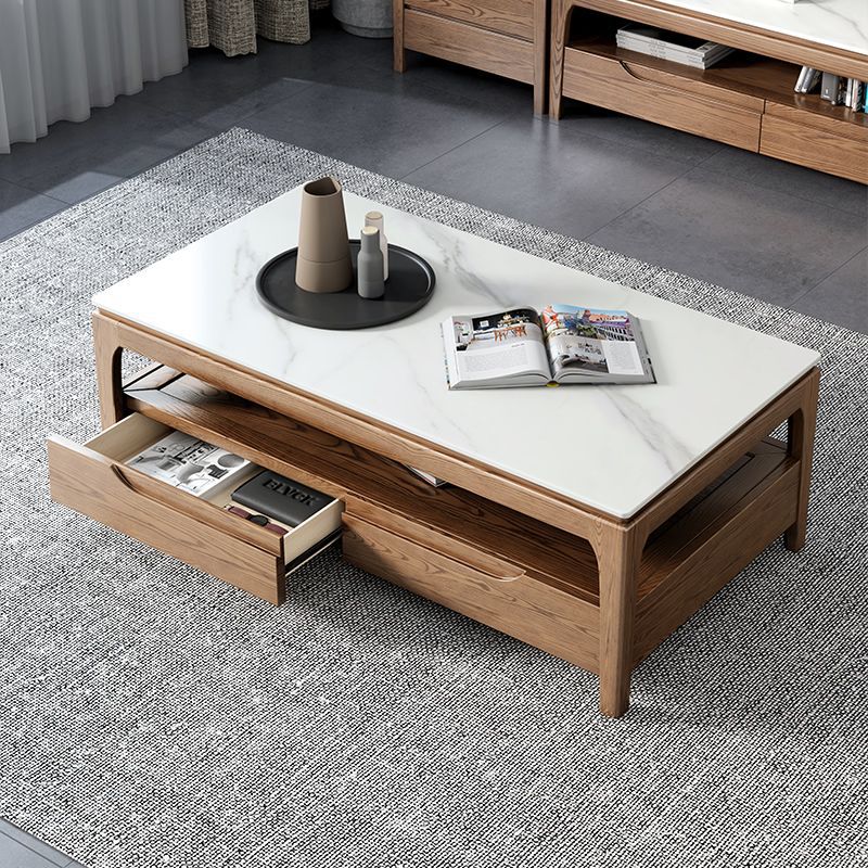 Mesa de café rectangular de madera de fresno tradicional china con pizarra y 1 estante para sala de estar 