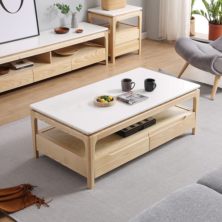 Traditioneller rechteckiger Couchtisch aus chinesischem Eschenholz und Steinplatte mit 1 Ablage für das Wohnzimmer 