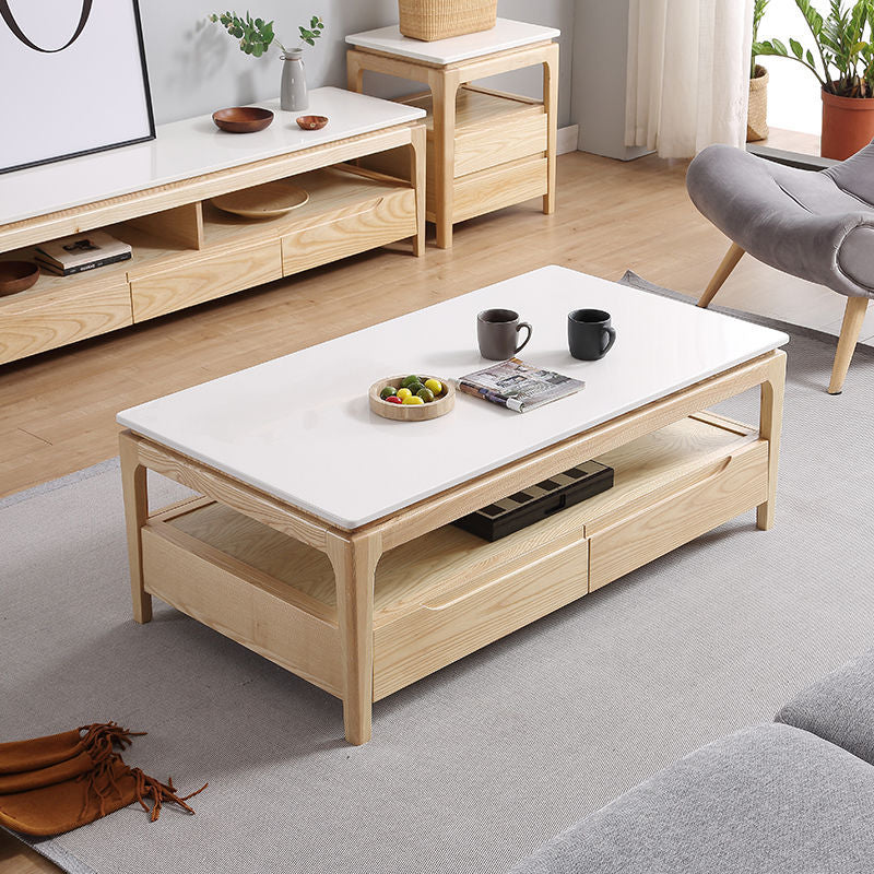 Mesa de café rectangular de madera de fresno tradicional china con pizarra y 1 estante para sala de estar 