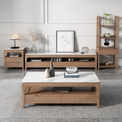 Mesa de café rectangular de madera de fresno tradicional china con pizarra y 1 estante para sala de estar 