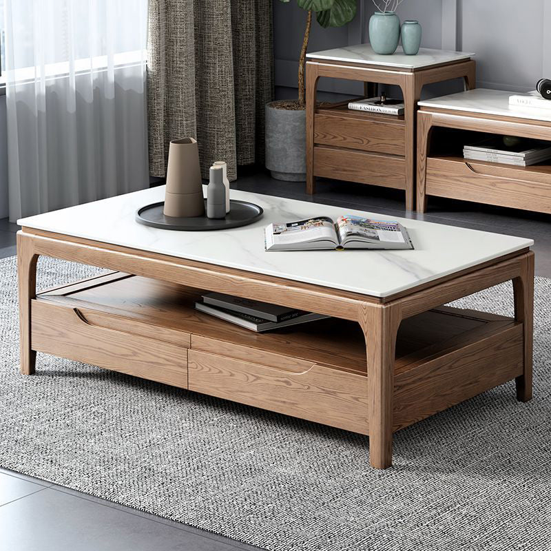 Mesa de café rectangular de madera de fresno tradicional china con pizarra y 1 estante para sala de estar 