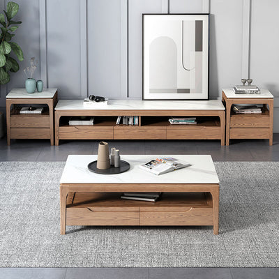 Mesa de café rectangular de madera de fresno tradicional china con pizarra y 1 estante para sala de estar 