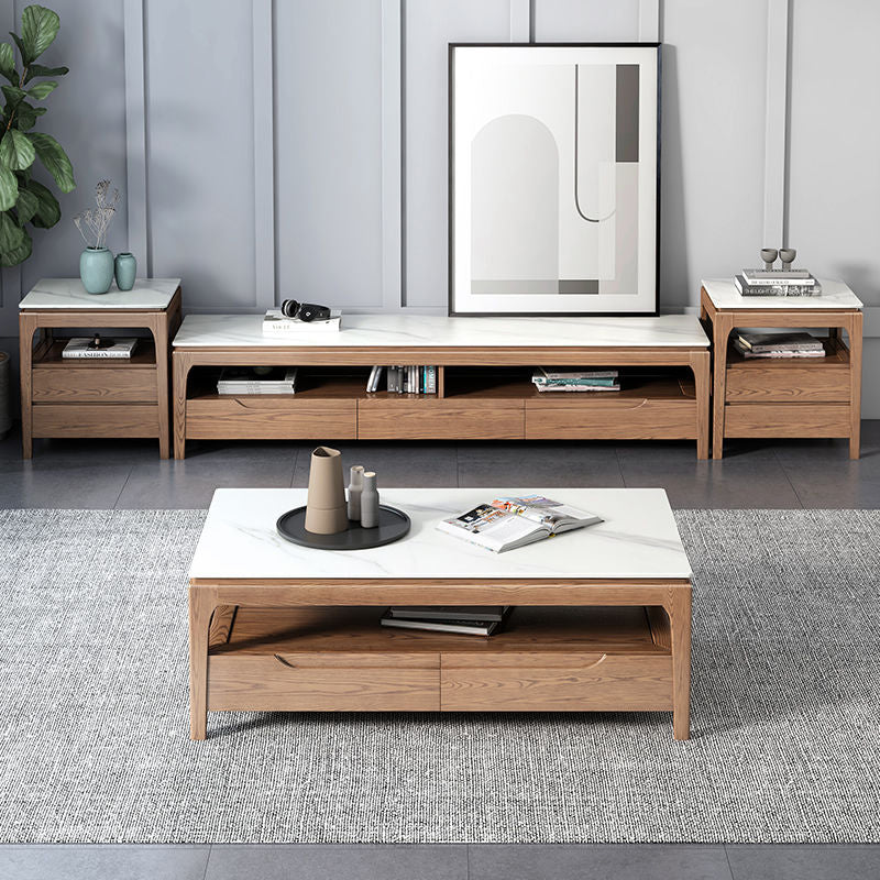 Mesa de café rectangular de madera de fresno tradicional china con pizarra y 1 estante para sala de estar 