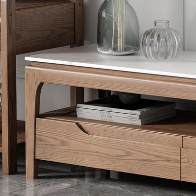 Mesa de café rectangular de madera de fresno tradicional china con pizarra y 1 estante para sala de estar 