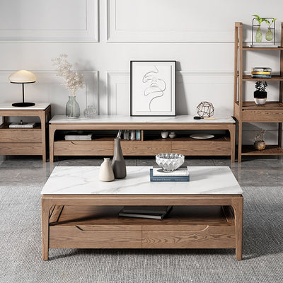 Mesa de café rectangular de madera de fresno tradicional china con pizarra y 1 estante para sala de estar 