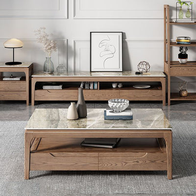 Mesa de café rectangular de madera de fresno tradicional china con pizarra y 1 estante para sala de estar 