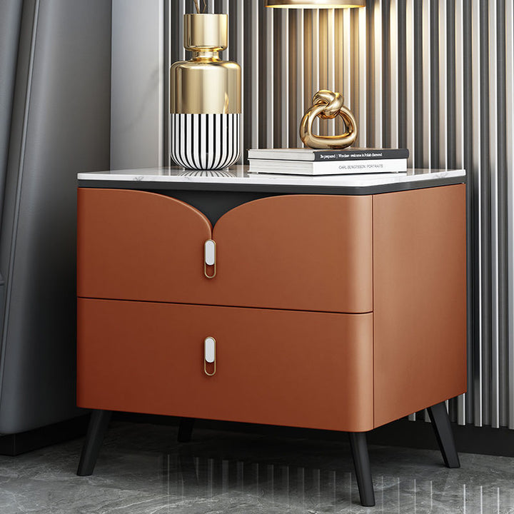Contemporary Scandinavian Rectangular Rock Slab Solid Wood Microfiber Leather Carbon Steel Nightstand 2-Drawer For Bedroom