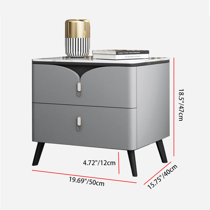 Contemporary Scandinavian Rectangular Rock Slab Solid Wood Microfiber Leather Carbon Steel Nightstand 2-Drawer For Bedroom