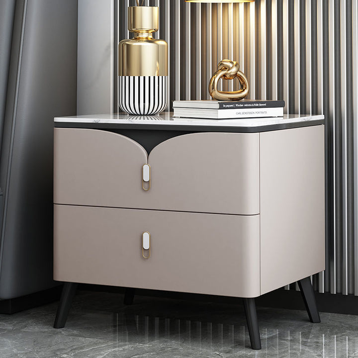 Contemporary Scandinavian Rectangular Rock Slab Solid Wood Microfiber Leather Carbon Steel Nightstand 2-Drawer For Bedroom