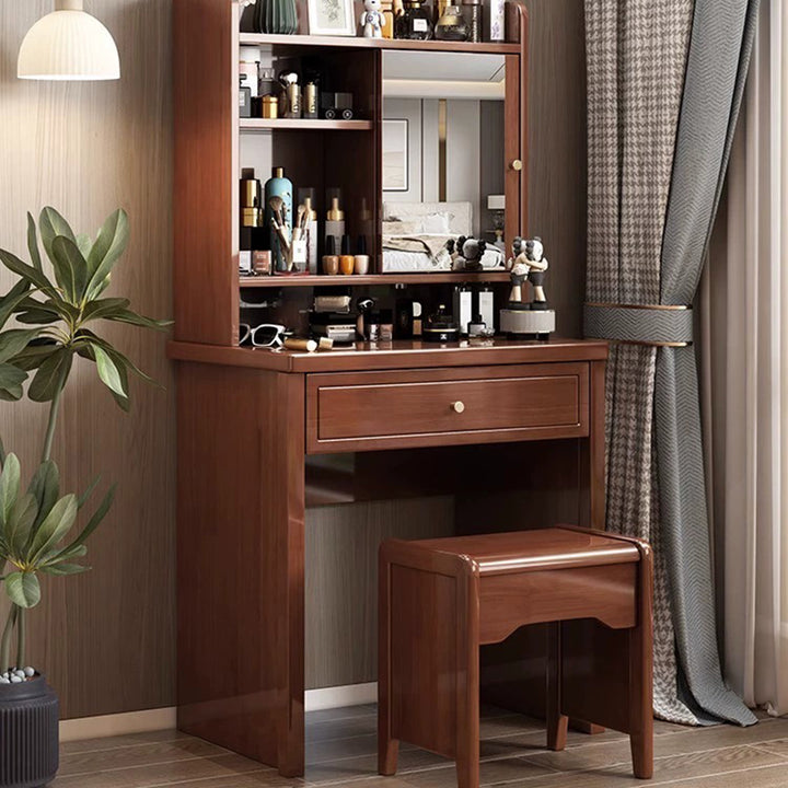 Traditional Chinese Rectangular Plywood Hardware Rubberwood Makeup Vanity 1-Drawer For Bedroom