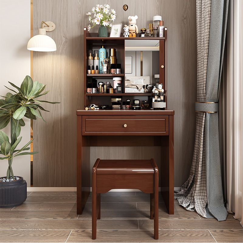 Traditional Chinese Rectangular Plywood Hardware Rubberwood Makeup Vanity 1-Drawer For Bedroom