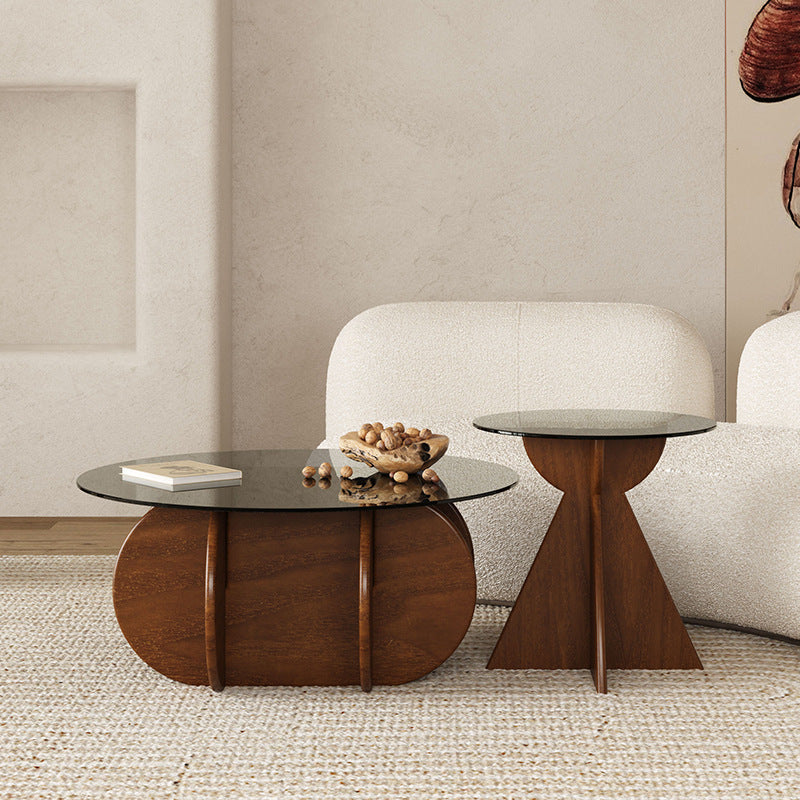 Modern Luxury Round Glass Solid Wood Coffee Table For Living Room