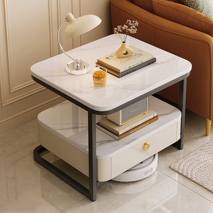 Table basse moderne de luxe en marbre carré avec tiroir en acier au carbone pour salon 