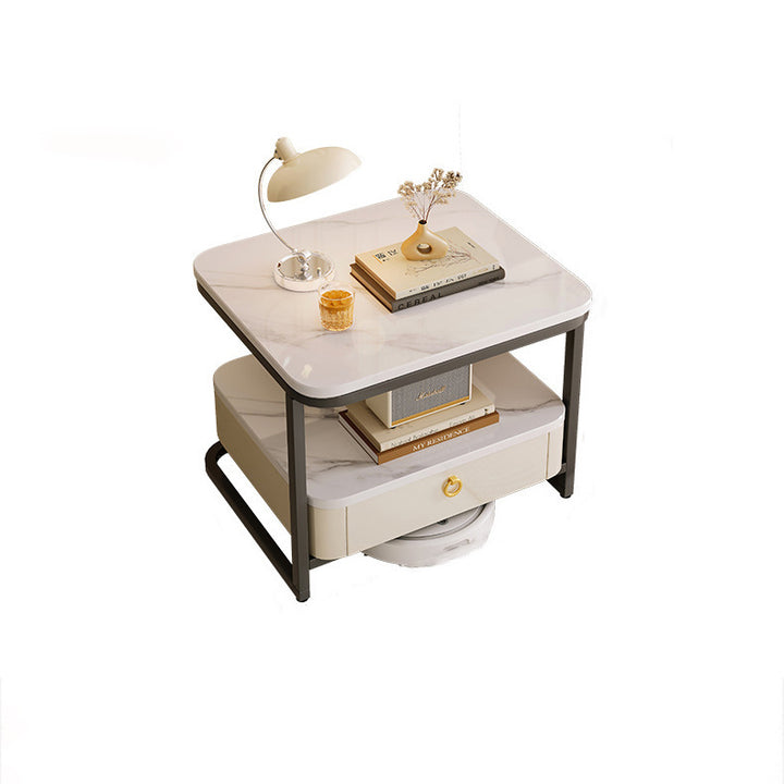 Table basse moderne de luxe en marbre carré avec tiroir en acier au carbone pour salon 