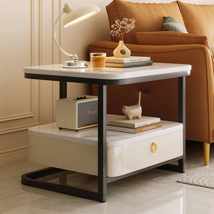 Table basse moderne de luxe en marbre carré avec tiroir en acier au carbone pour salon 