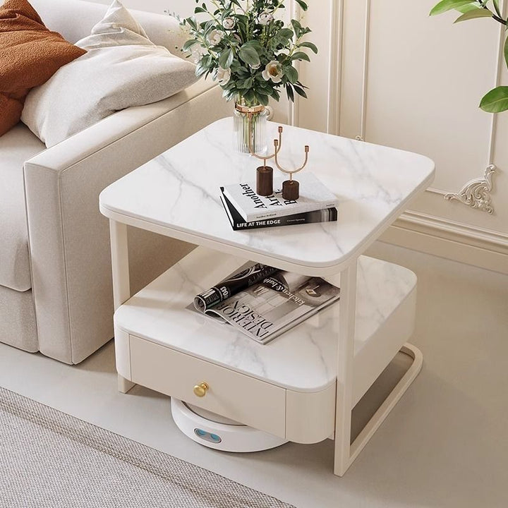 Table basse moderne de luxe en marbre carré avec tiroir en acier au carbone pour salon 